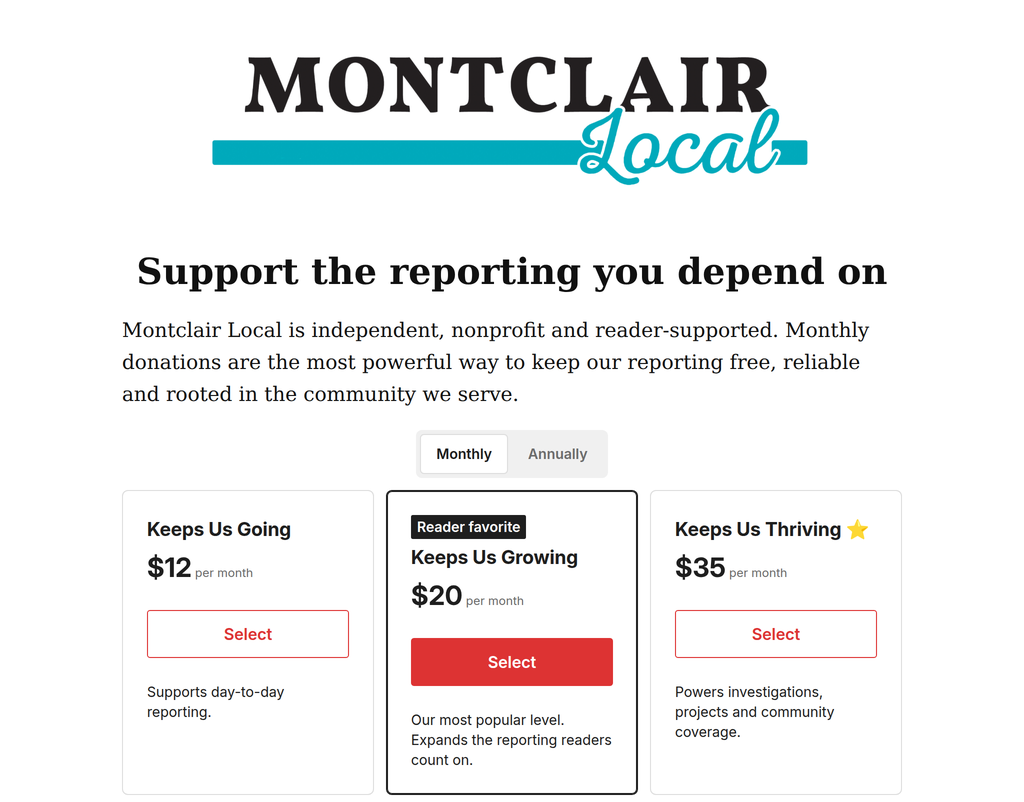 The Montclair Local donation page, with its monthly giving tiers — the checkout whose records were being retyped into a spreadsheet by hand